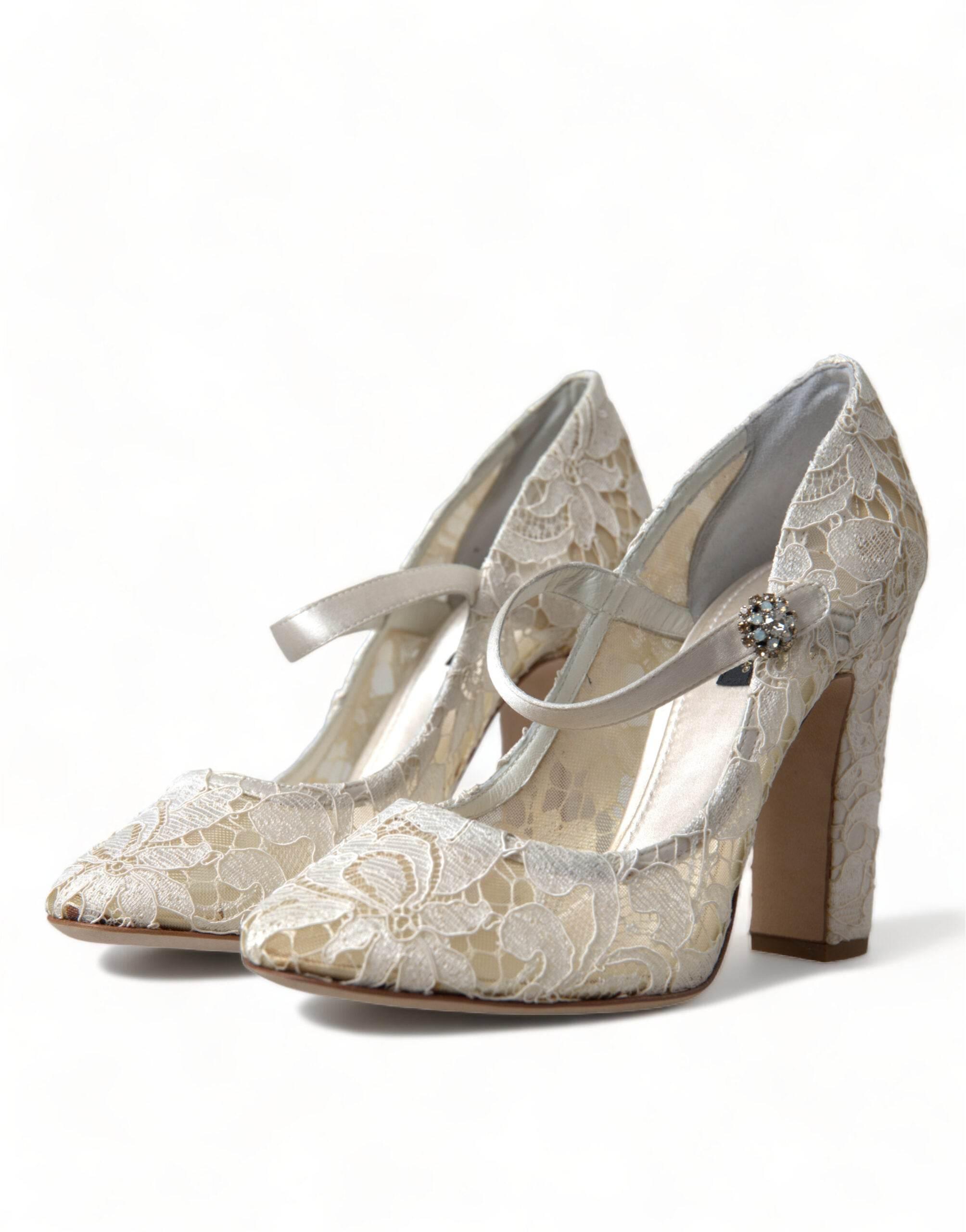 Dolce & Gabbana White Lace Crystals Heels Sandals Shoes - Hilstor