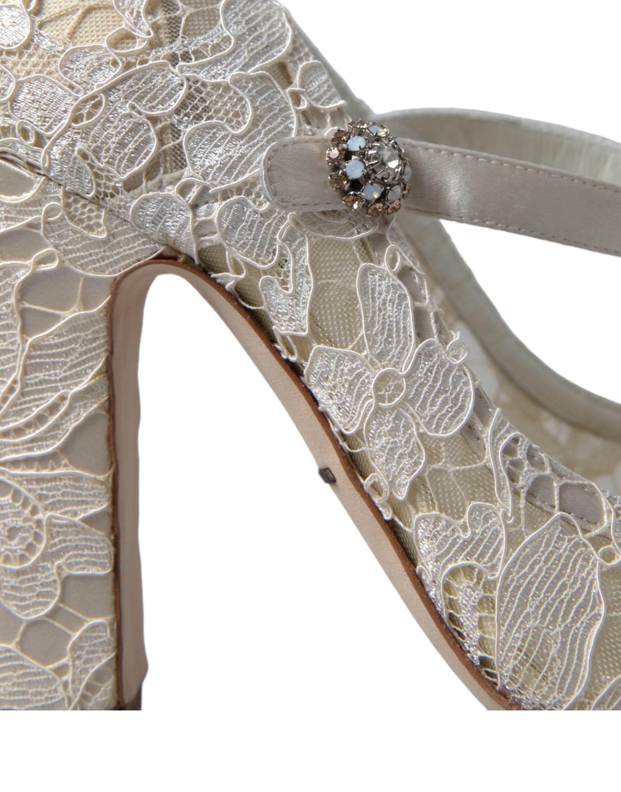 Dolce & Gabbana White Lace Crystals Heels Sandals Shoes - Hilstor