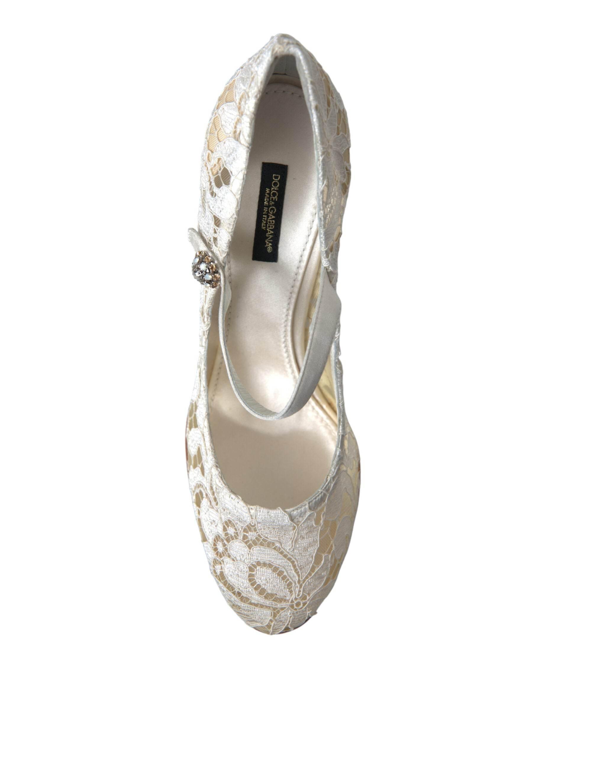 Dolce & Gabbana White Lace Crystals Heels Sandals Shoes - Hilstor
