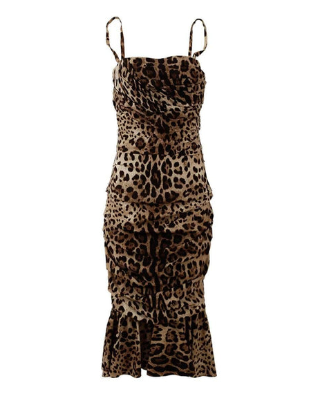 Dolce & Gabbana Brown Leopard Print Ruched Midi Dress - Hilstor