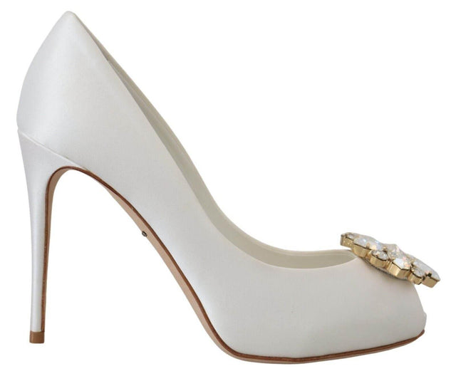 Dolce & Gabbana Crystal-Embellished White Peep Toe Heels - Hilstor