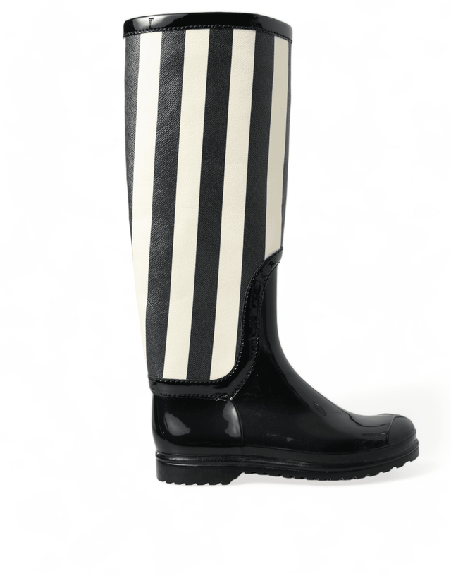 Dolce & Gabbana Black and White Striped Knee High Boots - Hilstor