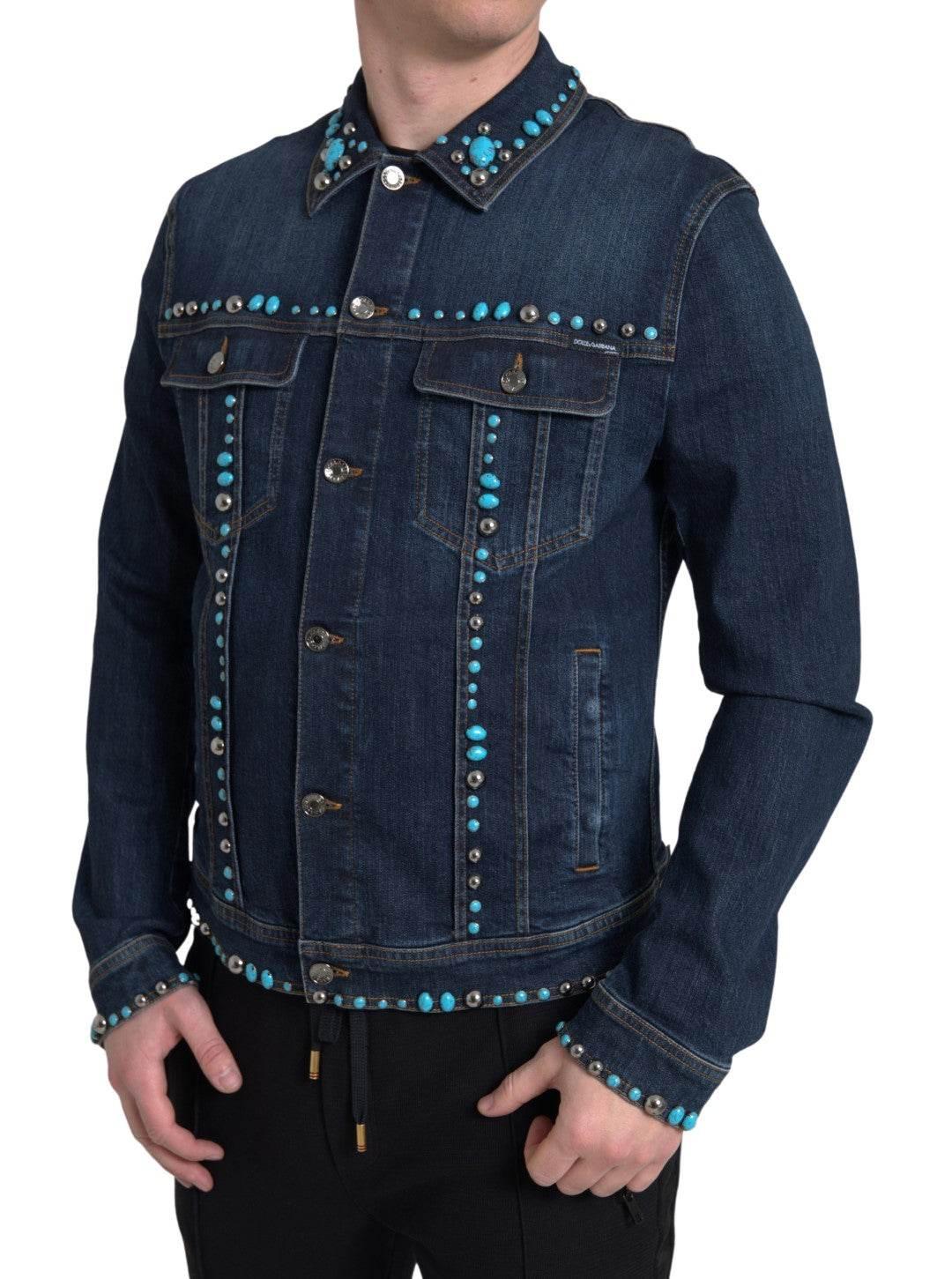 Dolce & Gabbana Blue Denim Turquoise Stones Studded Jacket - Hilstor