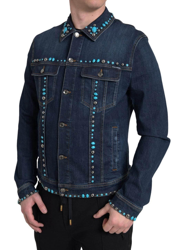 Dolce & Gabbana Blue Denim Turquoise Stones Studded Jacket - Hilstor
