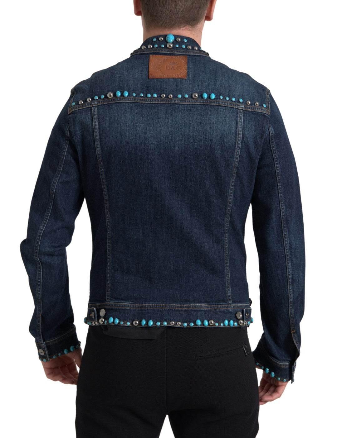Dolce & Gabbana Blue Denim Turquoise Stones Studded Jacket - Hilstor