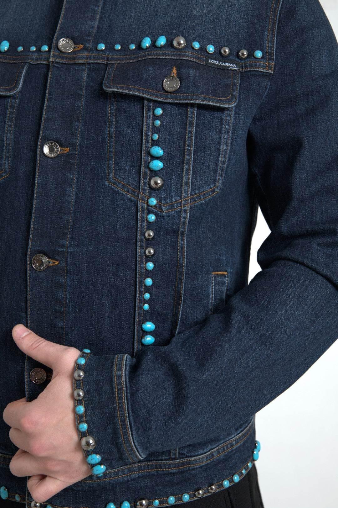 Dolce & Gabbana Blue Denim Turquoise Stones Studded Jacket - Hilstor