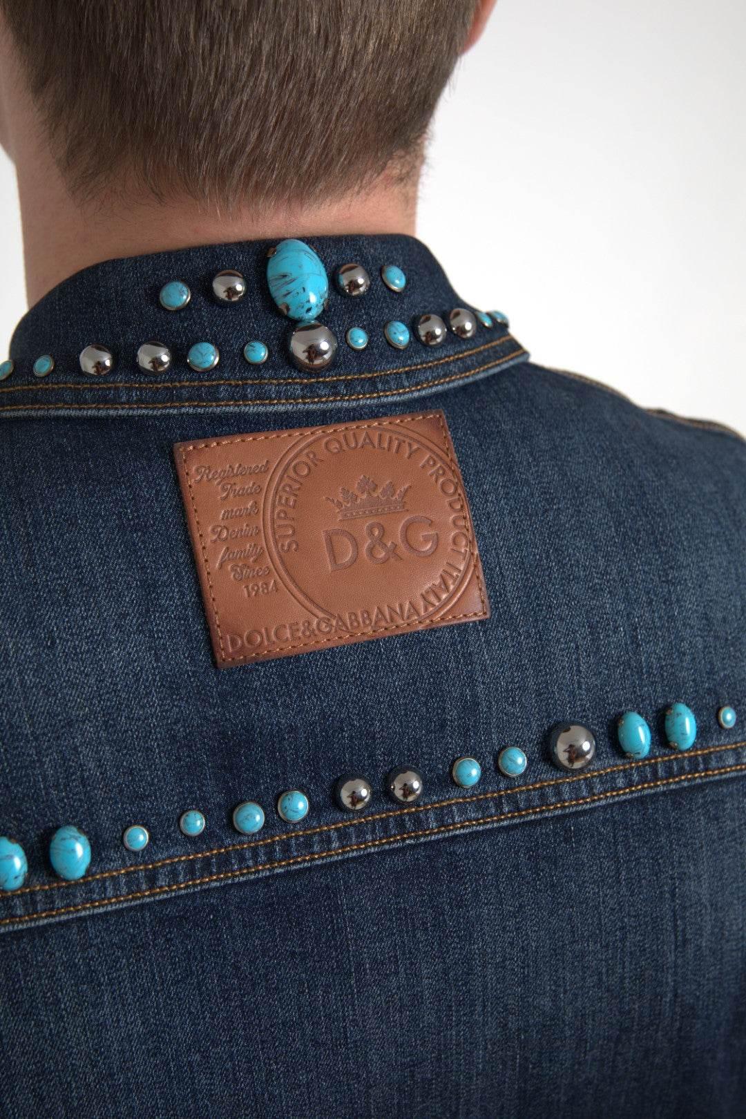 Dolce & Gabbana Blue Denim Turquoise Stones Studded Jacket - Hilstor