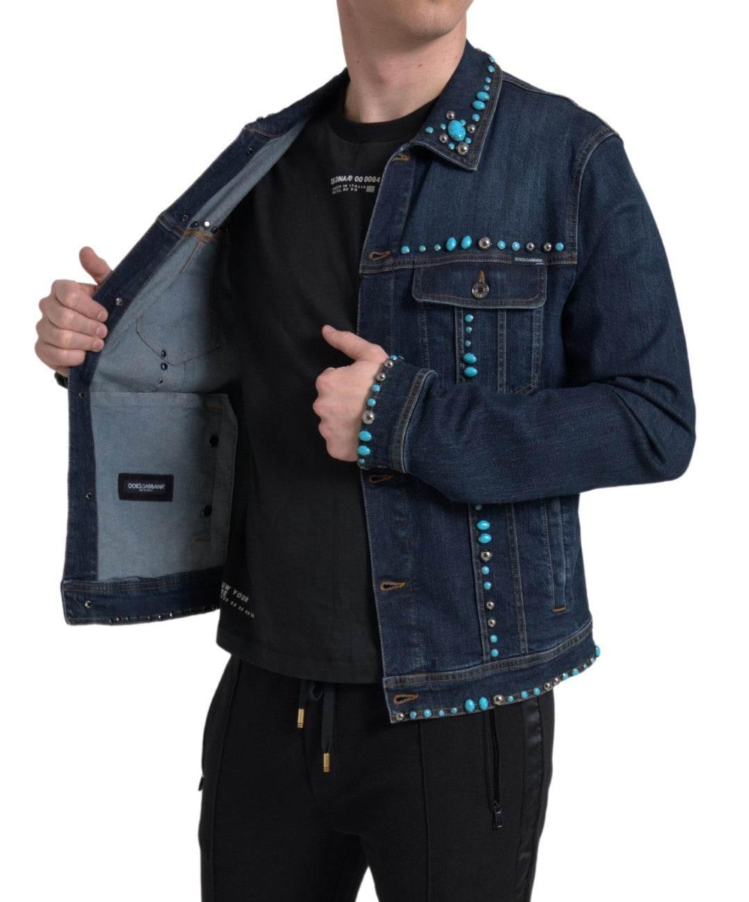 Dolce & Gabbana Blue Denim Turquoise Stones Studded Jacket - Hilstor
