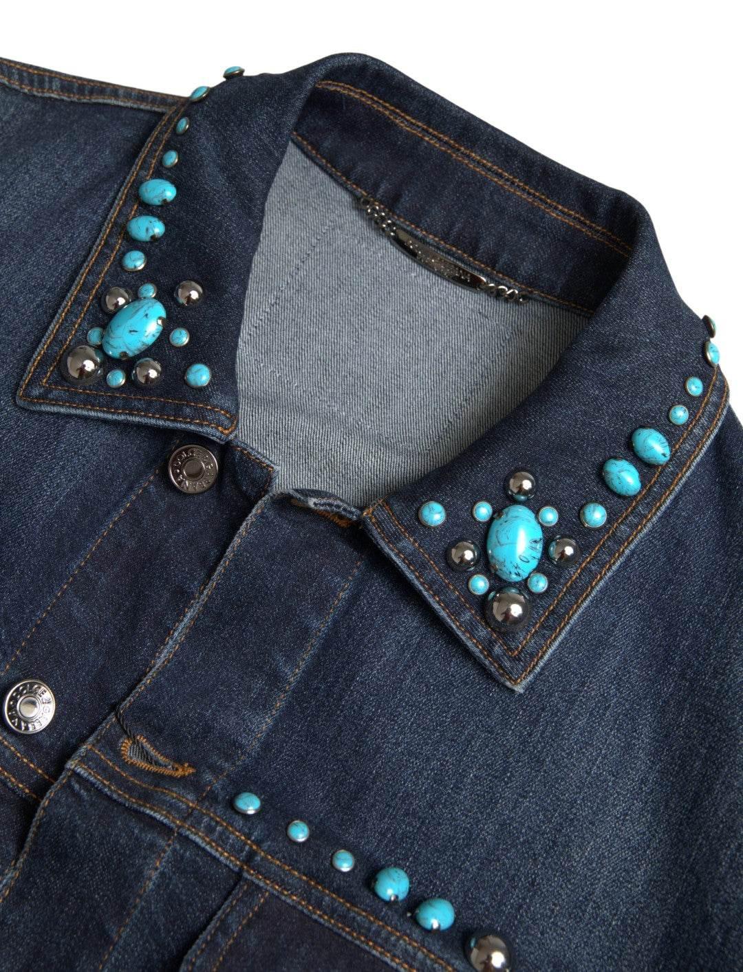 Dolce & Gabbana Blue Denim Turquoise Stones Studded Jacket - Hilstor