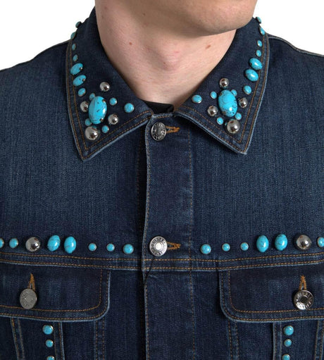 Dolce & Gabbana Blue Denim Turquoise Stones Studded Jacket - Hilstor