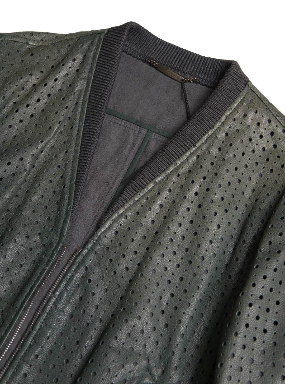 Dolce & Gabbana Green Perforated Leather Bomber Jacket - Hilstor
