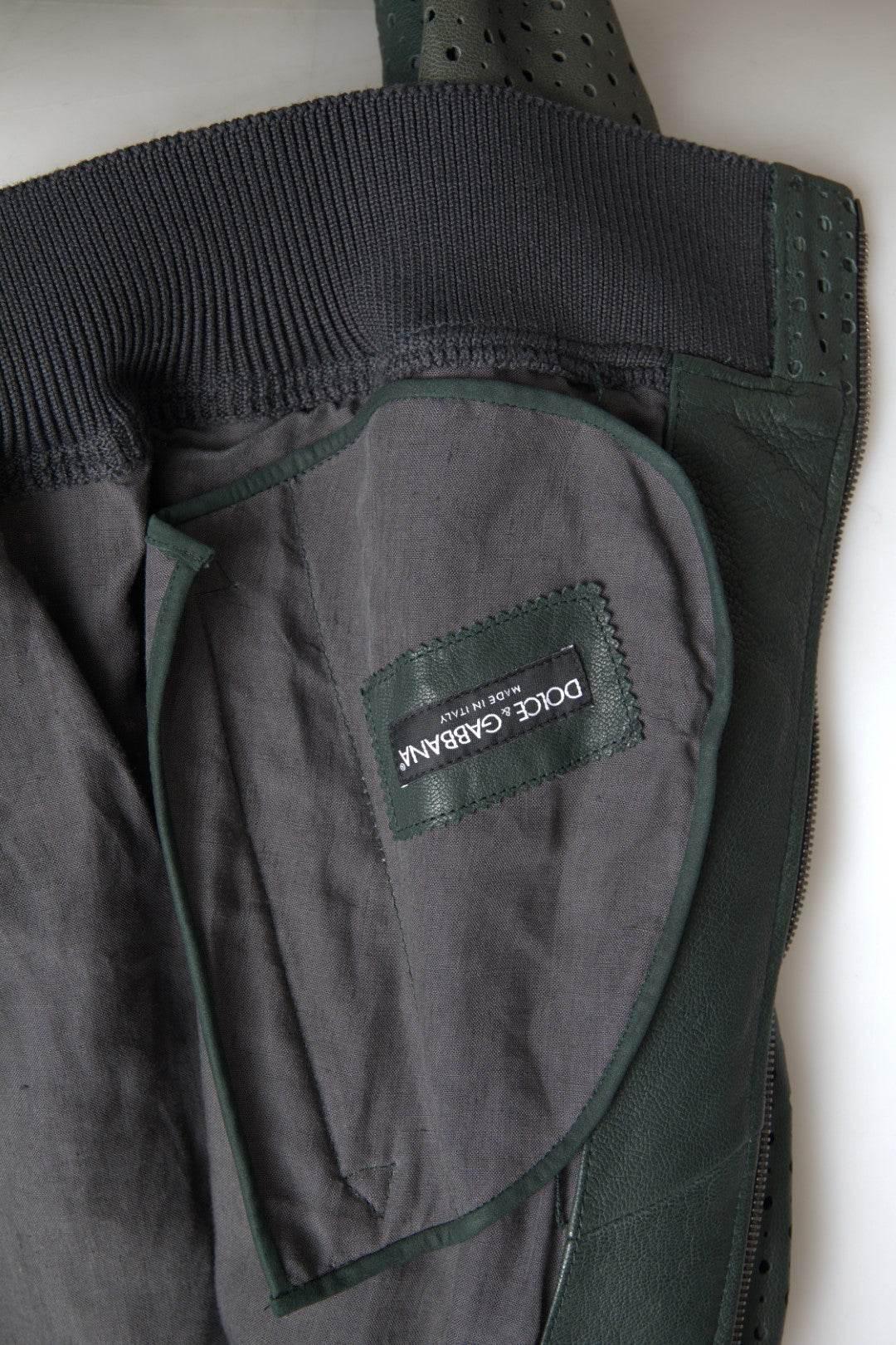 Dolce & Gabbana Green Perforated Leather Bomber Jacket - Hilstor