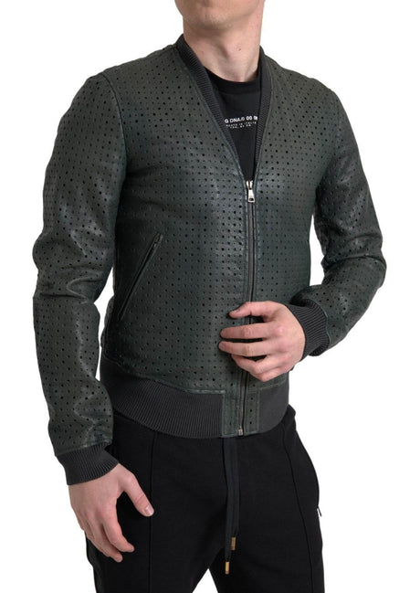 Dolce & Gabbana Green Perforated Leather Bomber Jacket - Hilstor