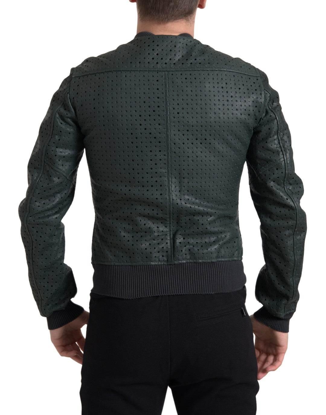 Dolce & Gabbana Green Perforated Leather Bomber Jacket - Hilstor