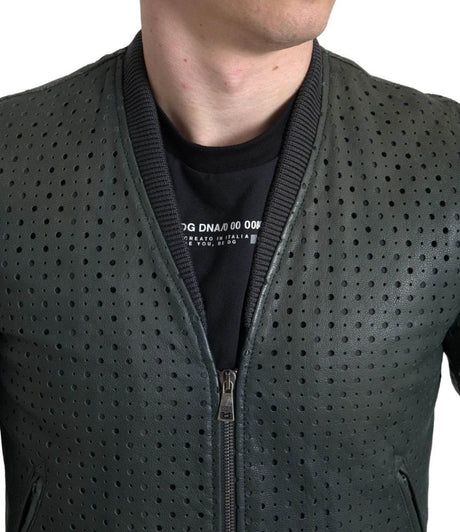 Dolce & Gabbana Green Perforated Leather Bomber Jacket - Hilstor