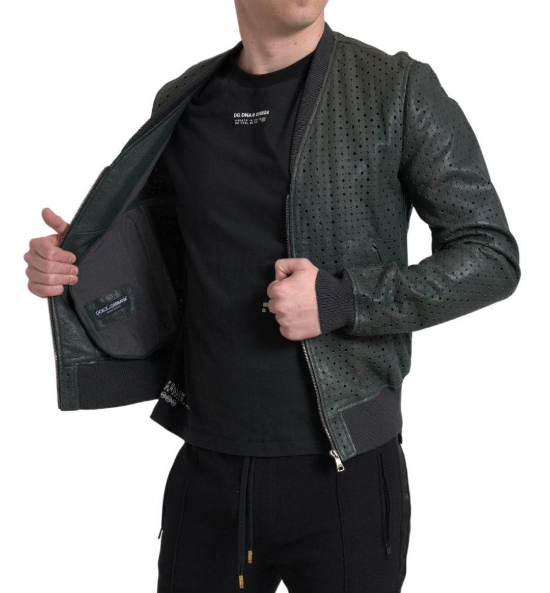 Dolce & Gabbana Green Perforated Leather Bomber Jacket - Hilstor