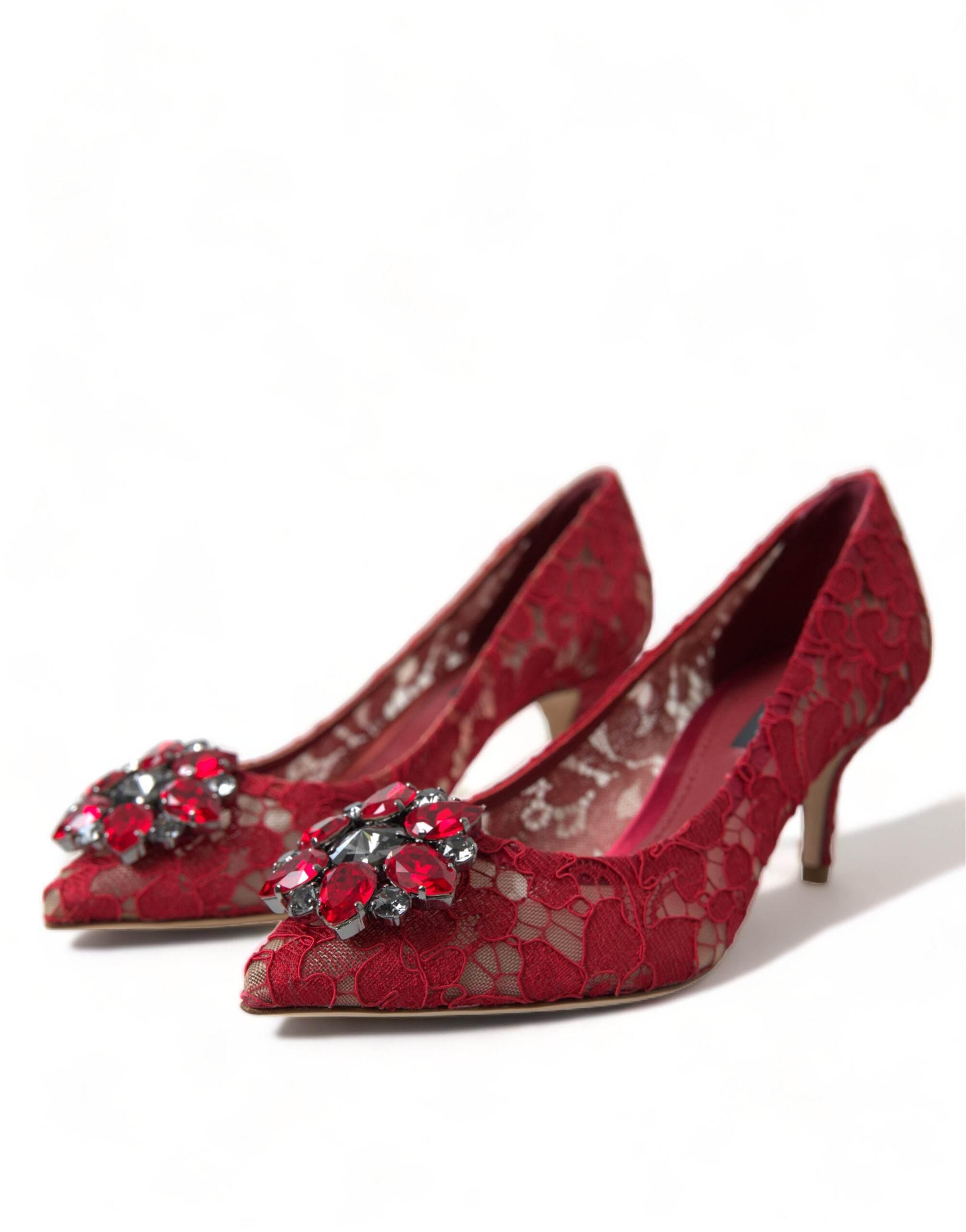 Dolce & Gabbana Radiant Red Lace Heels with Crystals - Hilstor
