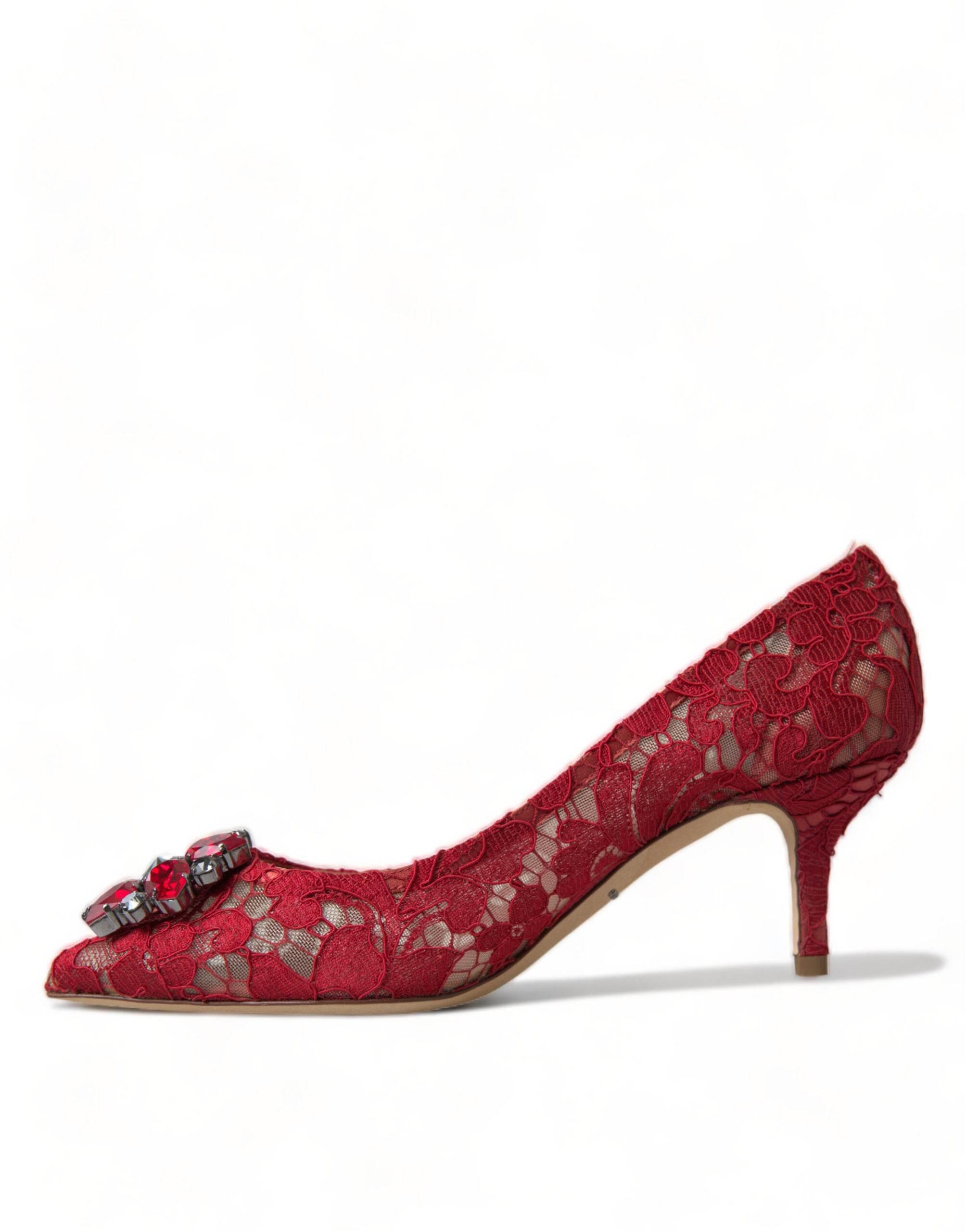 Dolce & Gabbana Radiant Red Lace Heels with Crystals - Hilstor