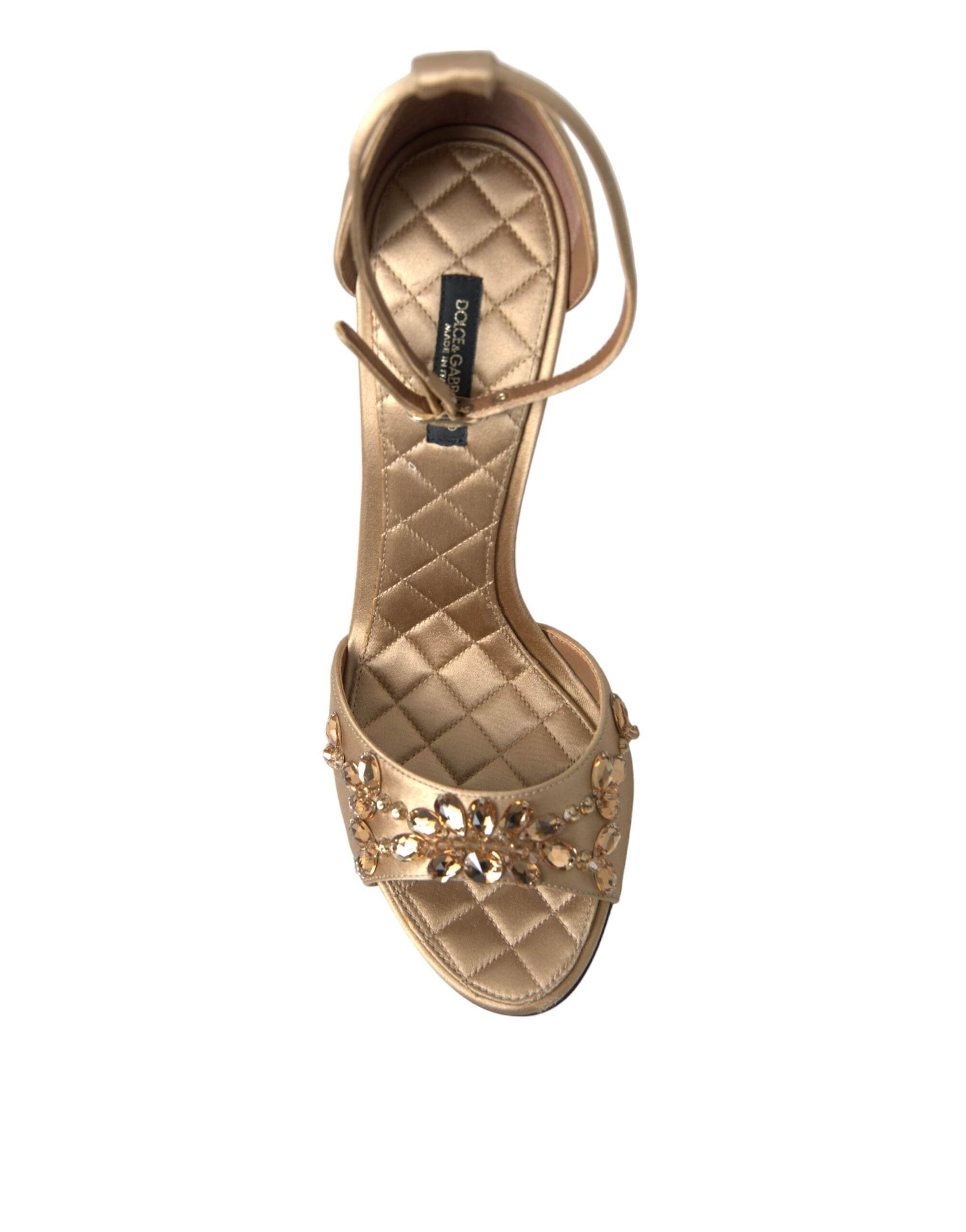 Dolce & Gabbana Gold Satin Ankle Strap Crystal Sandals Shoes - Hilstor