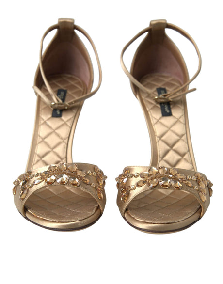 Dolce & Gabbana Gold Satin Ankle Strap Crystal Sandals Shoes - Hilstor