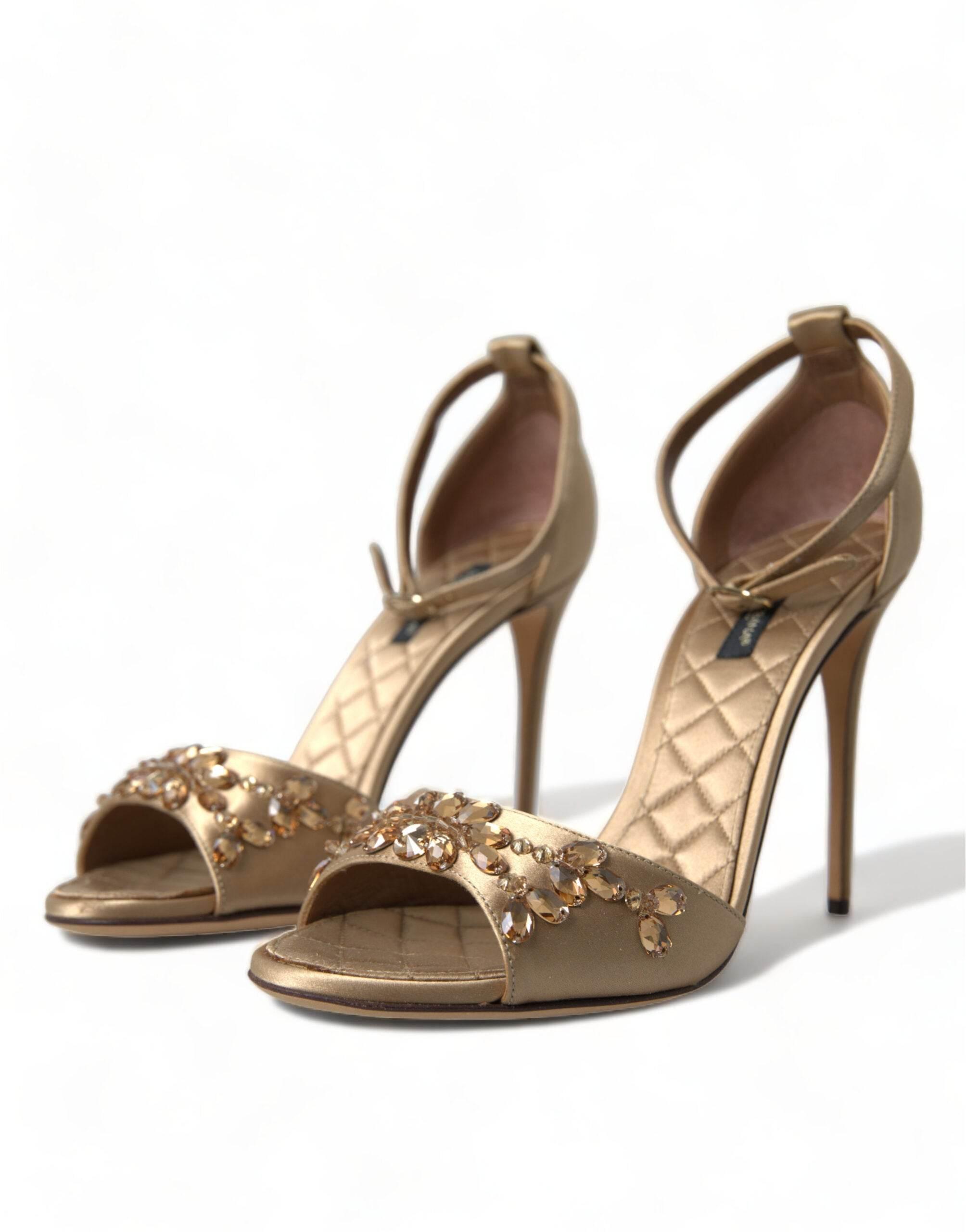 Dolce & Gabbana Gold Satin Ankle Strap Crystal Sandals Shoes - Hilstor
