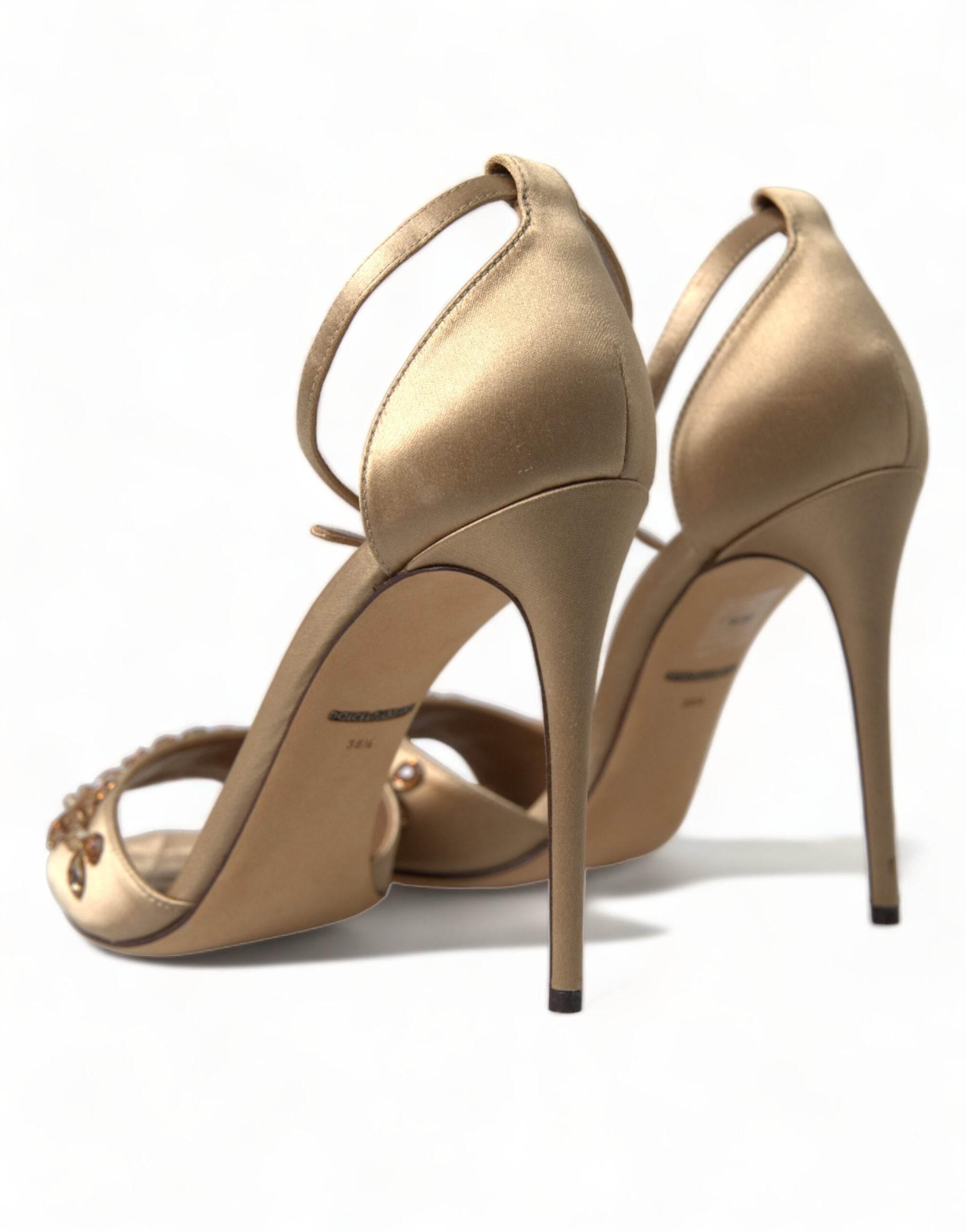 Dolce & Gabbana Gold Satin Ankle Strap Crystal Sandals Shoes - Hilstor