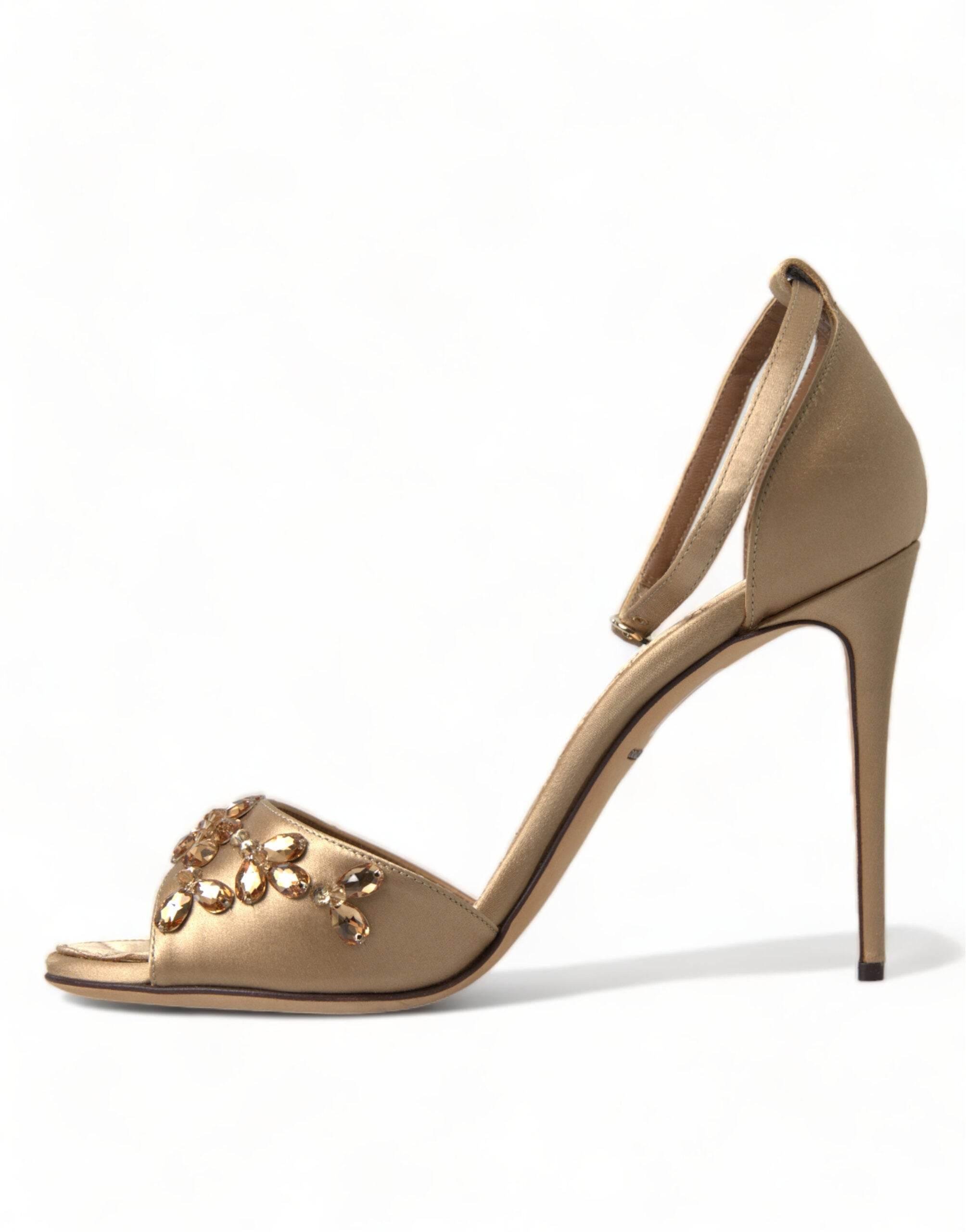 Dolce & Gabbana Gold Satin Ankle Strap Crystal Sandals Shoes - Hilstor