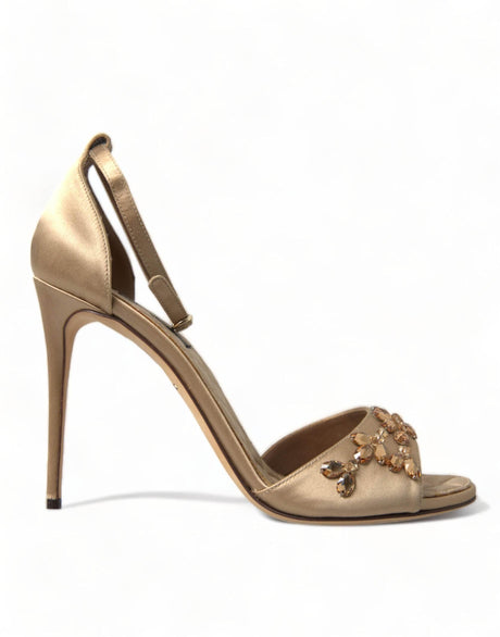 Dolce & Gabbana Gold Satin Ankle Strap Crystal Sandals Shoes - Hilstor