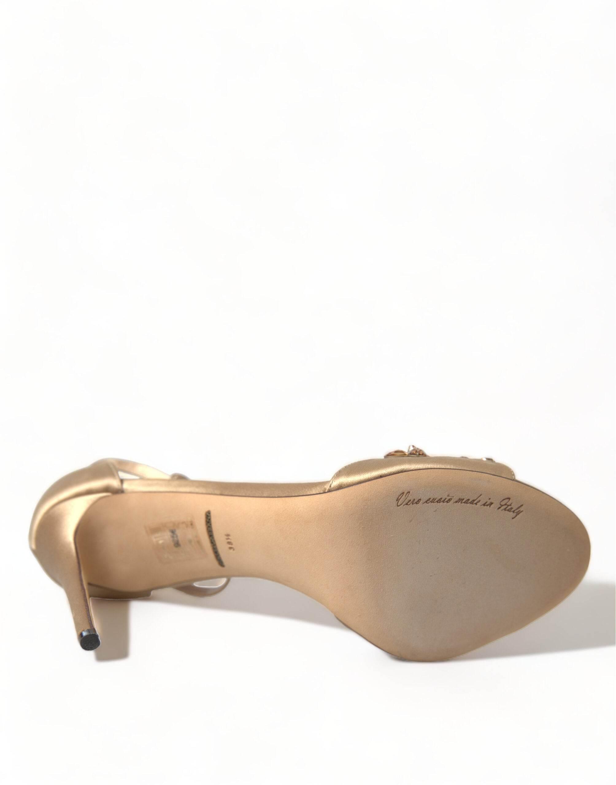 Dolce & Gabbana Gold Satin Ankle Strap Crystal Sandals Shoes - Hilstor