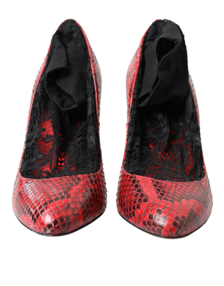 Dolce & Gabbana Red Almond Toe Snakeskin Pumps with Lace Socks - Hilstor