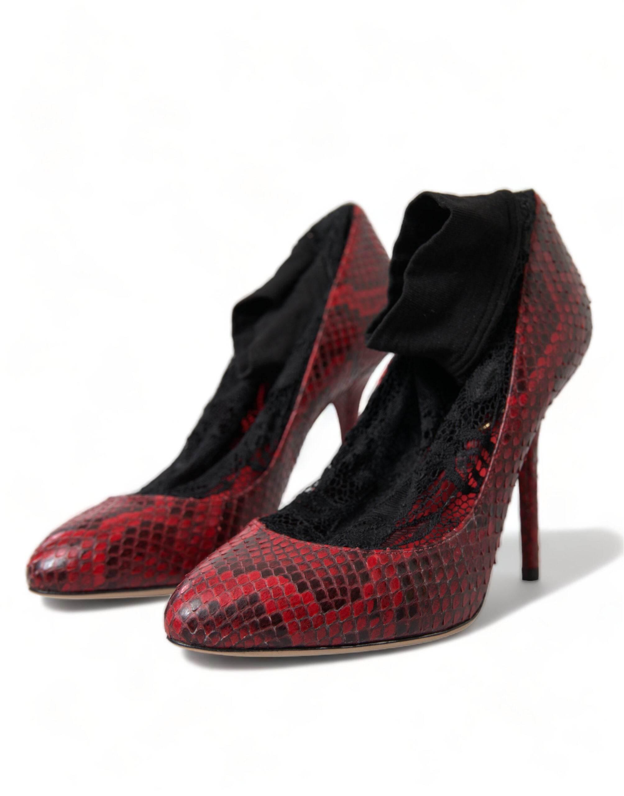 Dolce & Gabbana Red Almond Toe Snakeskin Pumps with Lace Socks - Hilstor