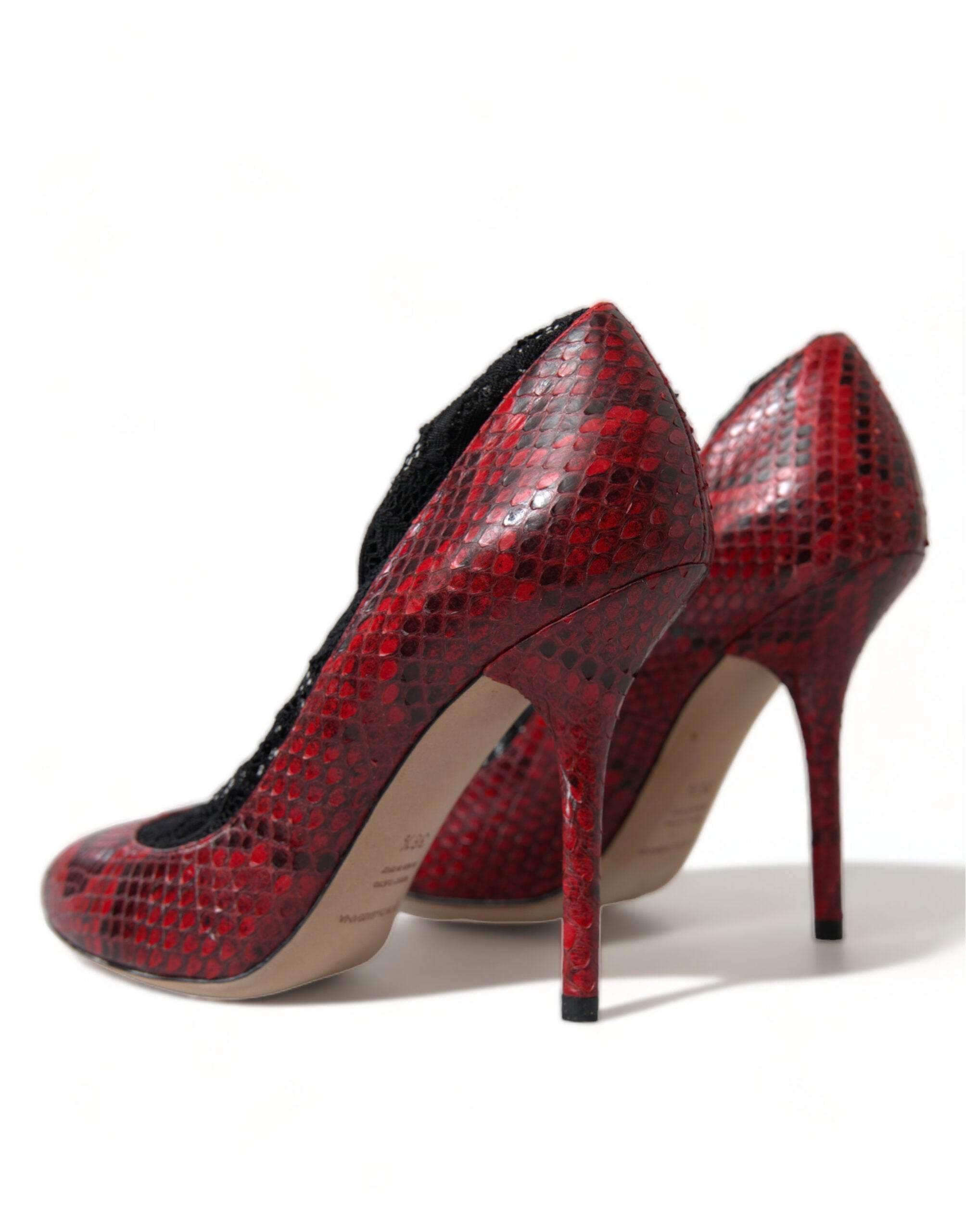 Dolce & Gabbana Red Almond Toe Snakeskin Pumps with Lace Socks - Hilstor