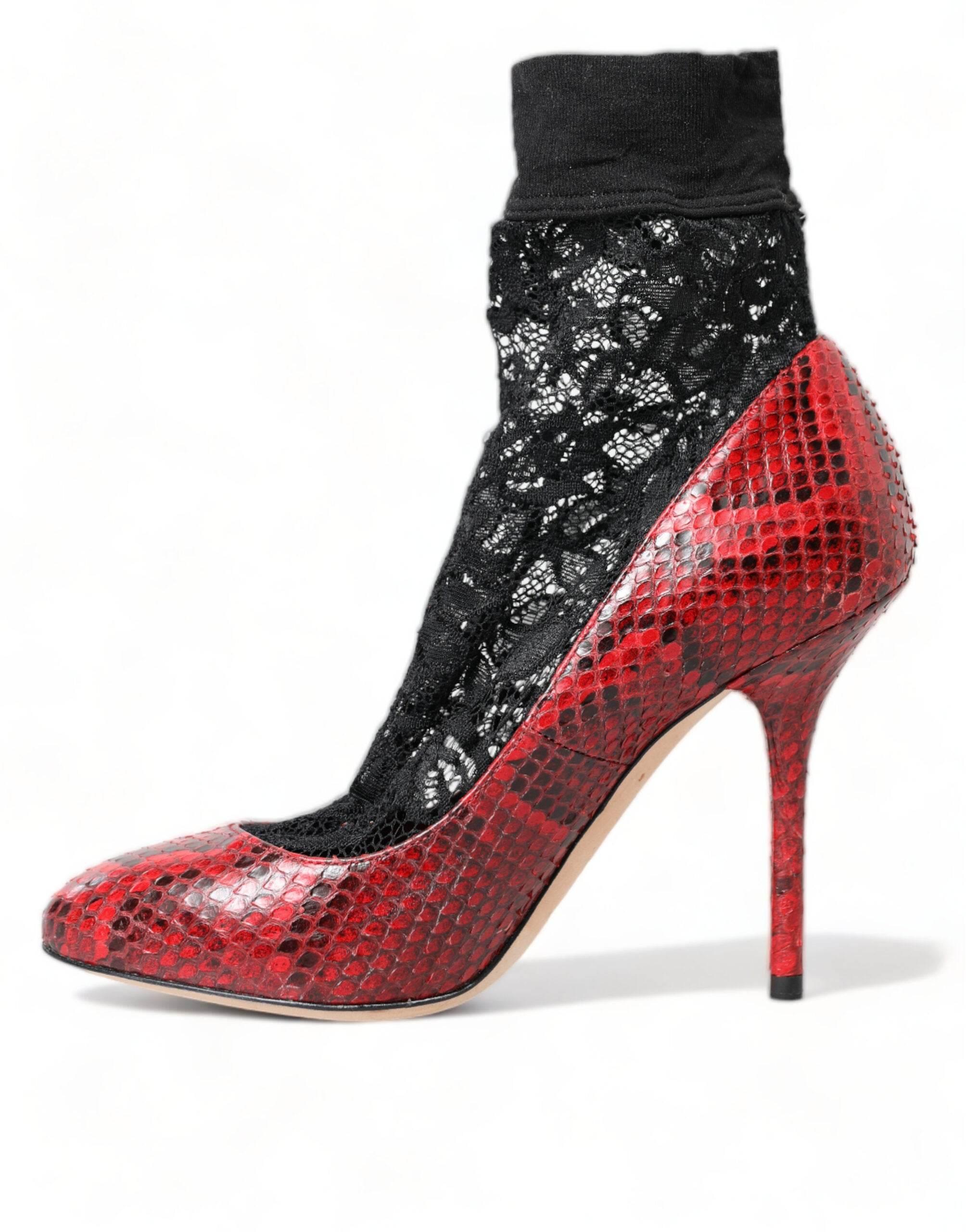Dolce & Gabbana Red Almond Toe Snakeskin Pumps with Lace Socks - Hilstor
