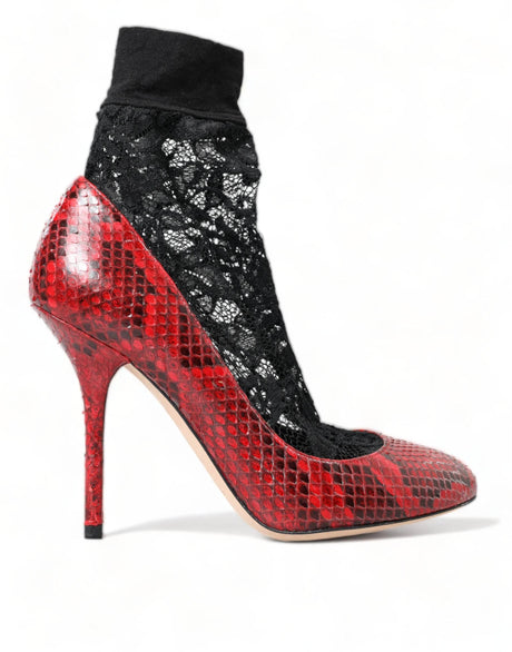 Dolce & Gabbana Red Almond Toe Snakeskin Pumps with Lace Socks - Hilstor