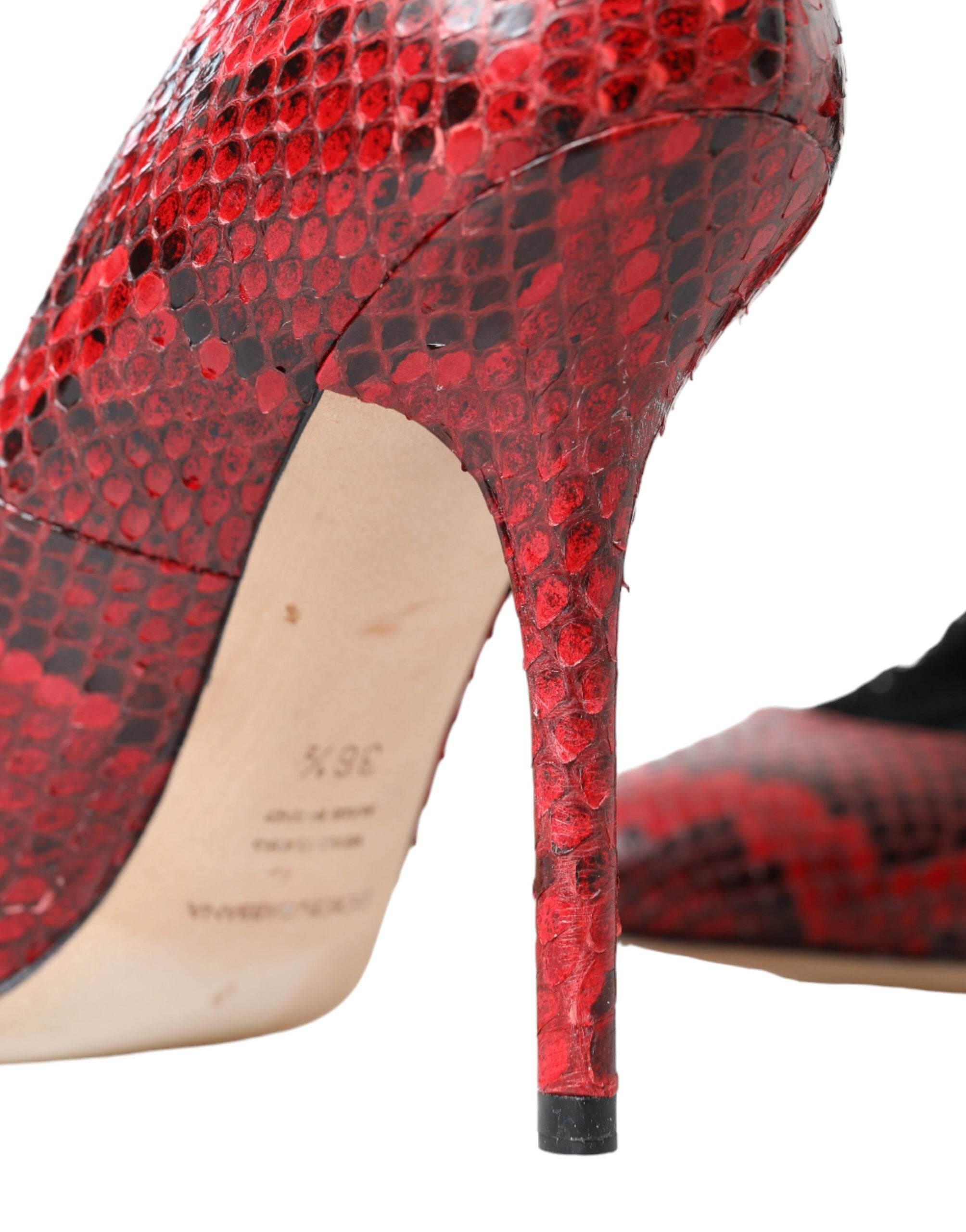 Dolce & Gabbana Red Almond Toe Snakeskin Pumps with Lace Socks - Hilstor