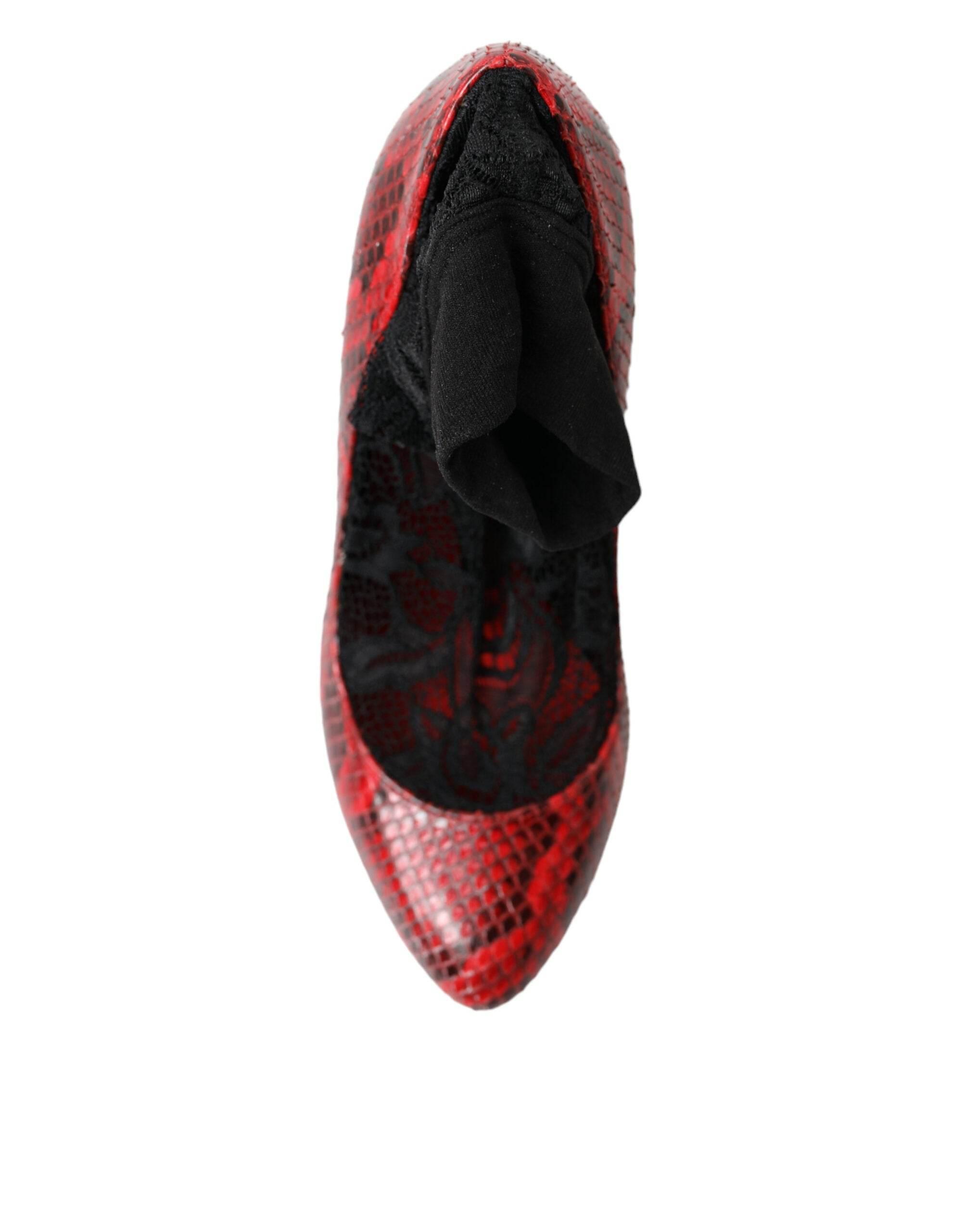 Dolce & Gabbana Red Almond Toe Snakeskin Pumps with Lace Socks - Hilstor
