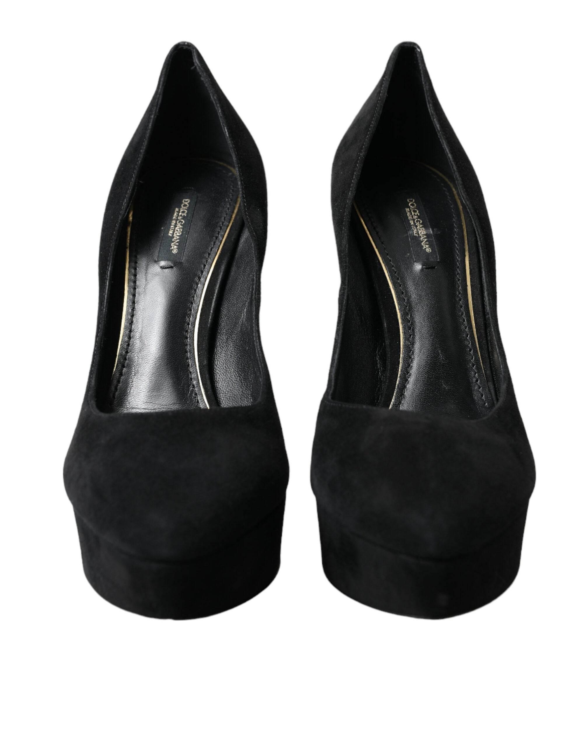 Dolce & Gabbana Black Suede Leather Platform Heel Pumps Shoes - Hilstor