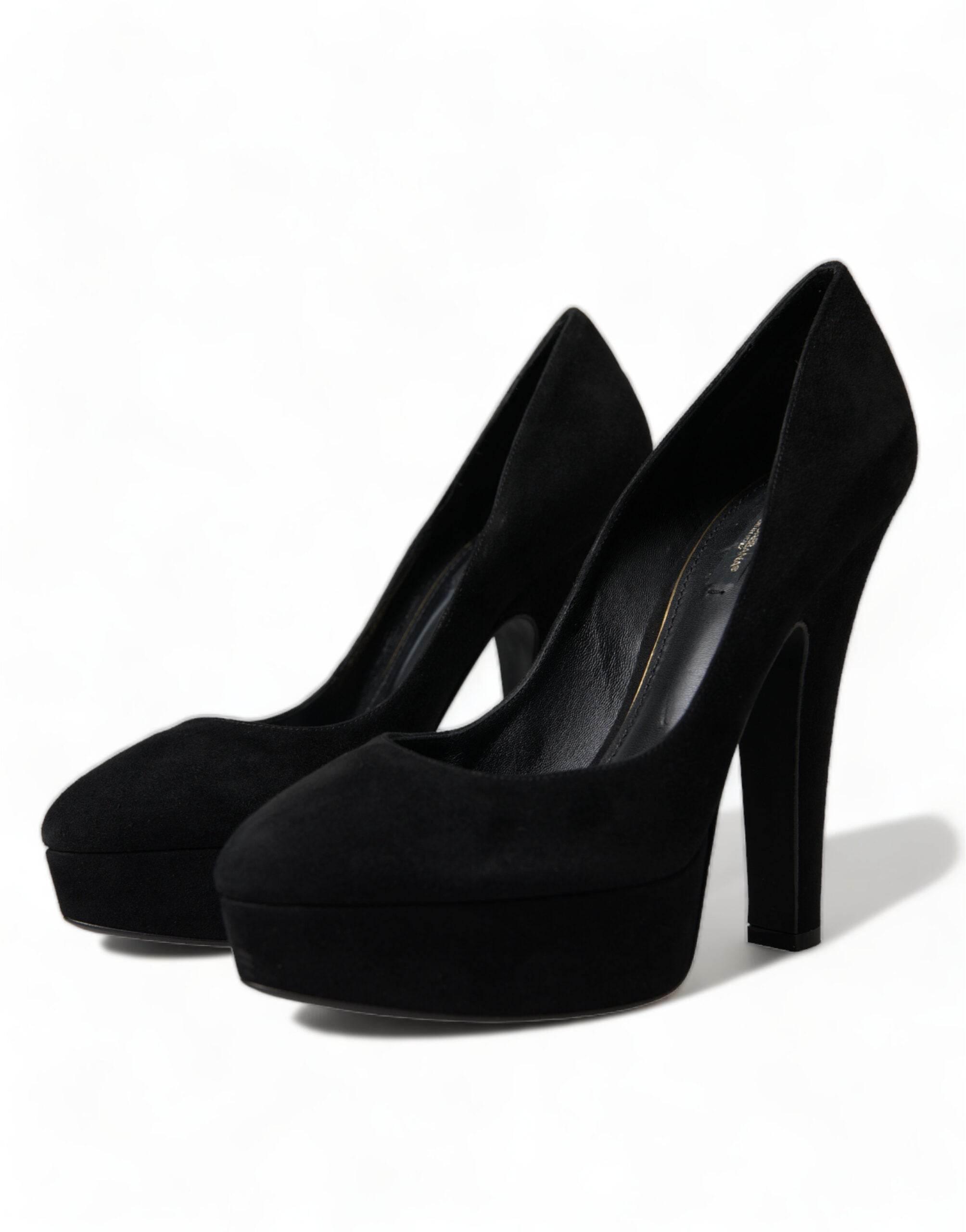 Dolce & Gabbana Black Suede Leather Platform Heel Pumps Shoes - Hilstor