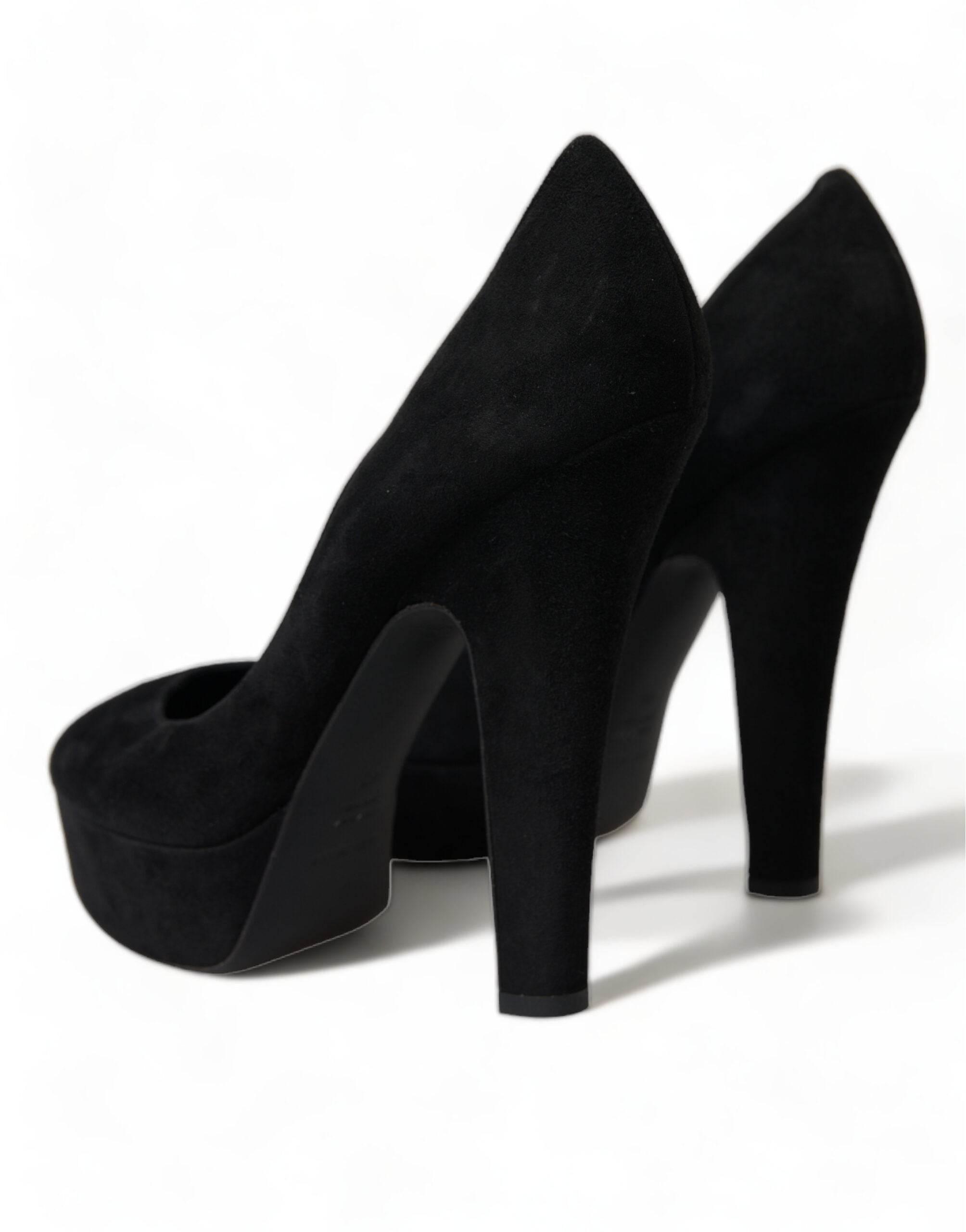 Dolce & Gabbana Black Suede Leather Platform Heel Pumps Shoes - Hilstor