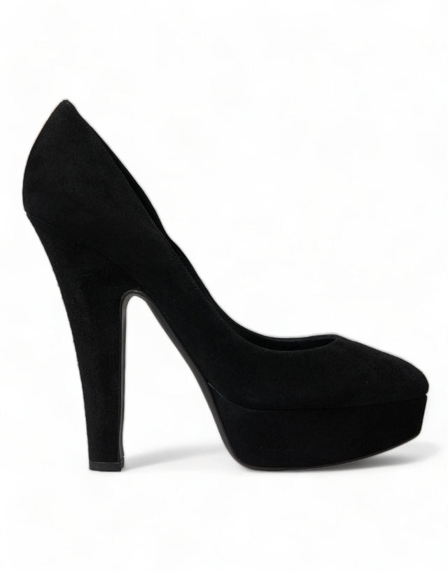 Dolce & Gabbana Black Suede Leather Platform Heel Pumps Shoes - Hilstor