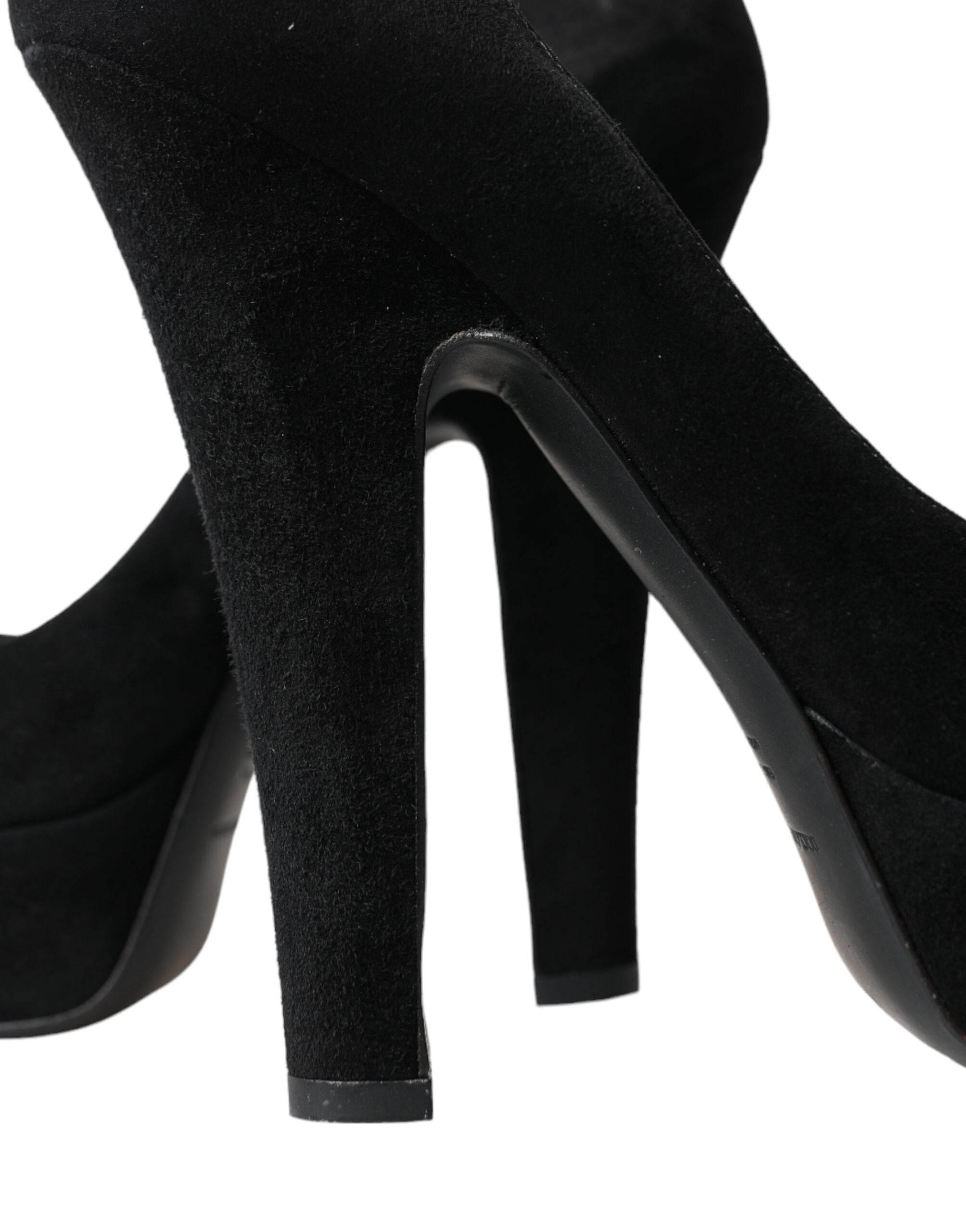 Dolce & Gabbana Black Suede Leather Platform Heel Pumps Shoes - Hilstor