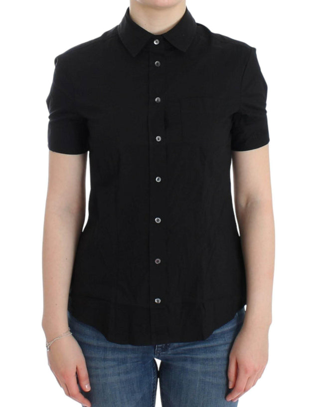 John Galliano Elegant Black Cotton Stretch Shortsleeve Blouse - Hilstor