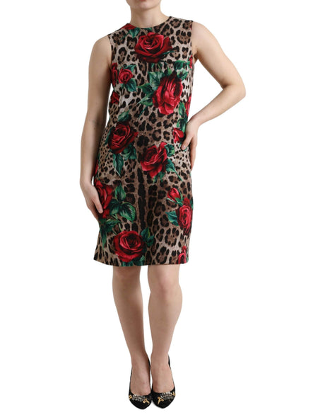 Dolce & Gabbana Brown Leopard Red Roses Wool A-line Dress - Hilstor