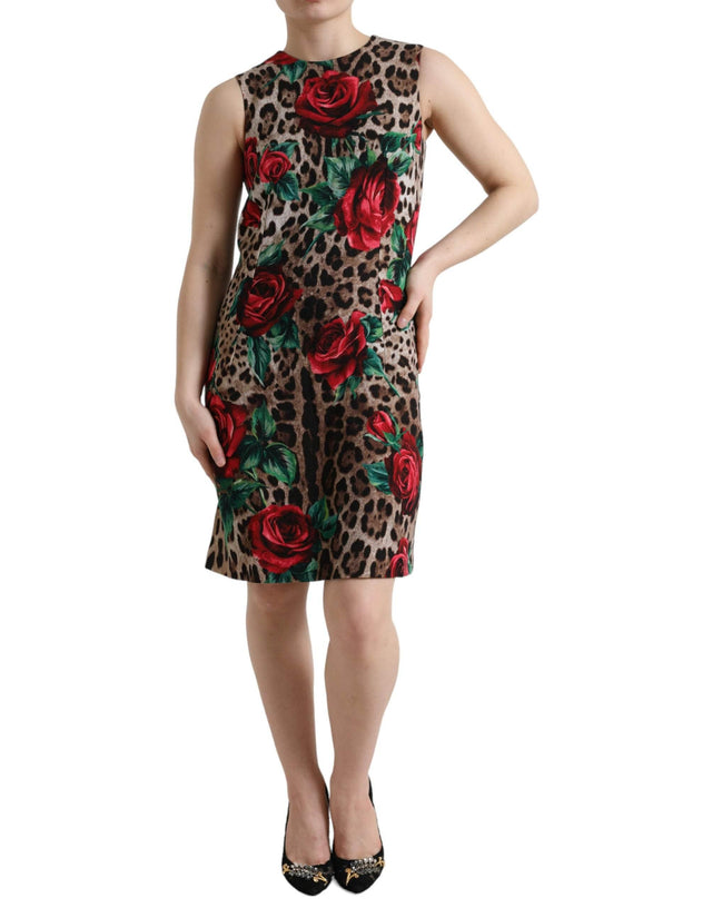 Dolce & Gabbana Brown Leopard Red Roses Wool A-line Dress - Hilstor