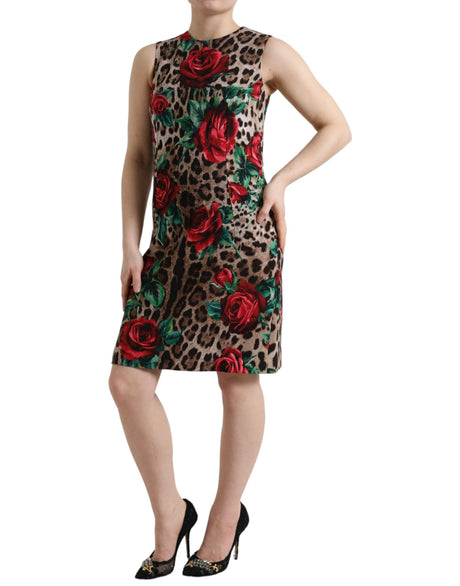 Dolce & Gabbana Brown Leopard Red Roses Wool A-line Dress - Hilstor