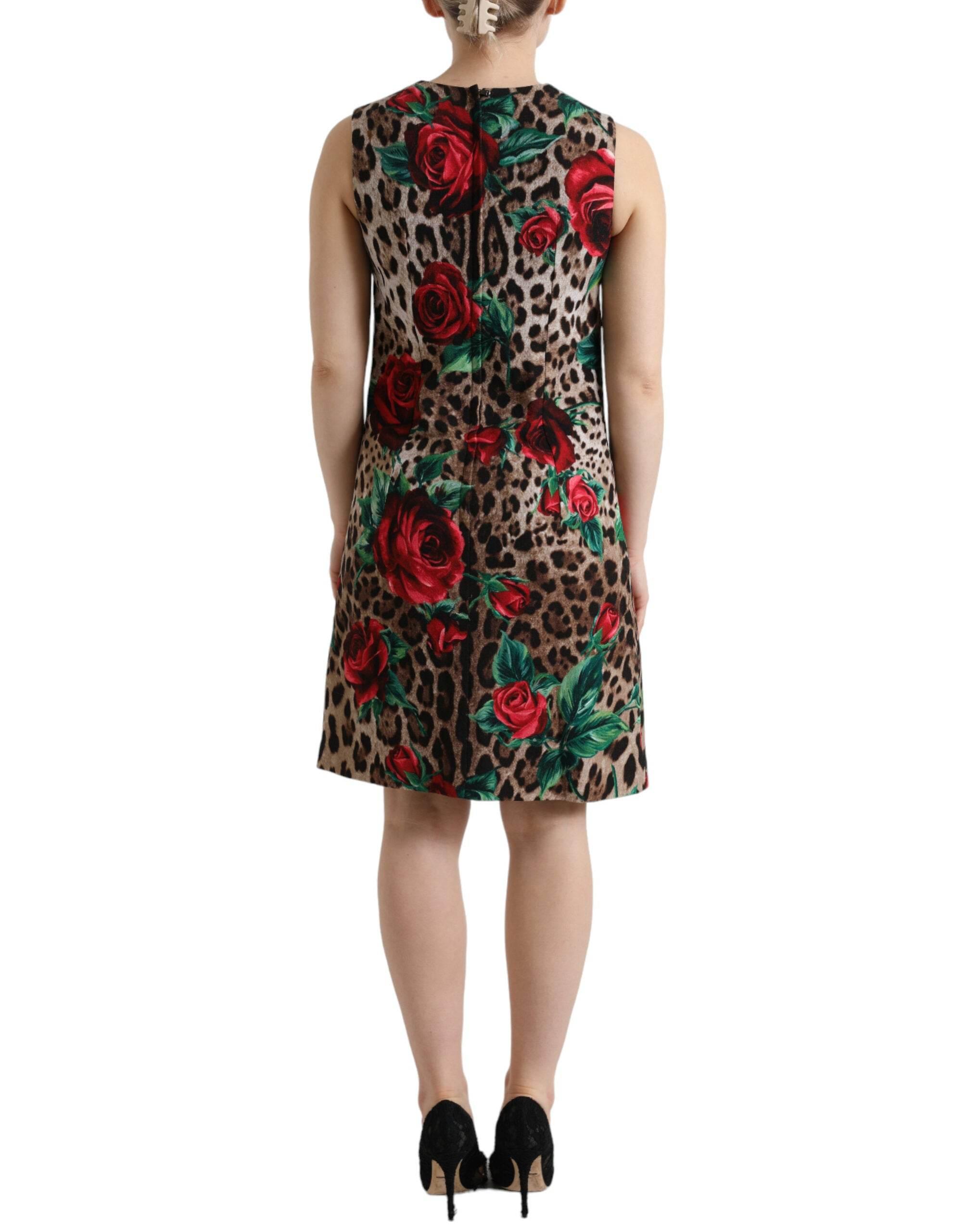 Dolce & Gabbana Brown Leopard Red Roses Wool A-line Dress - Hilstor