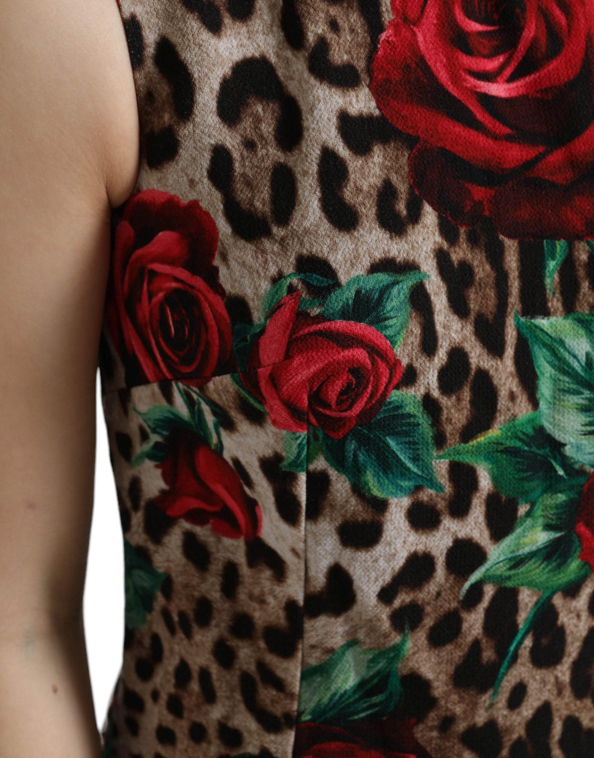Dolce & Gabbana Brown Leopard Red Roses Wool A-line Dress - Hilstor