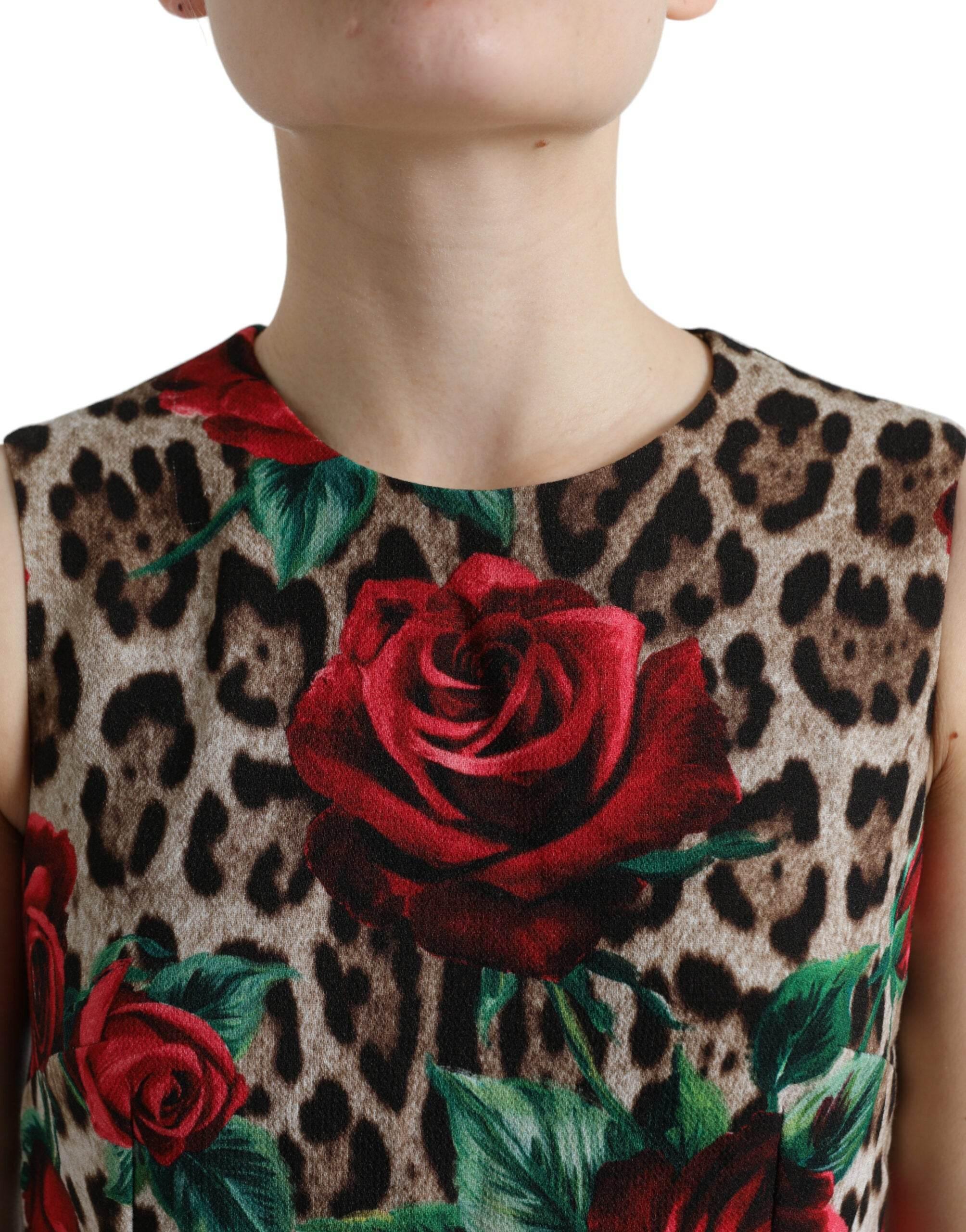 Dolce & Gabbana Brown Leopard Red Roses Wool A-line Dress - Hilstor