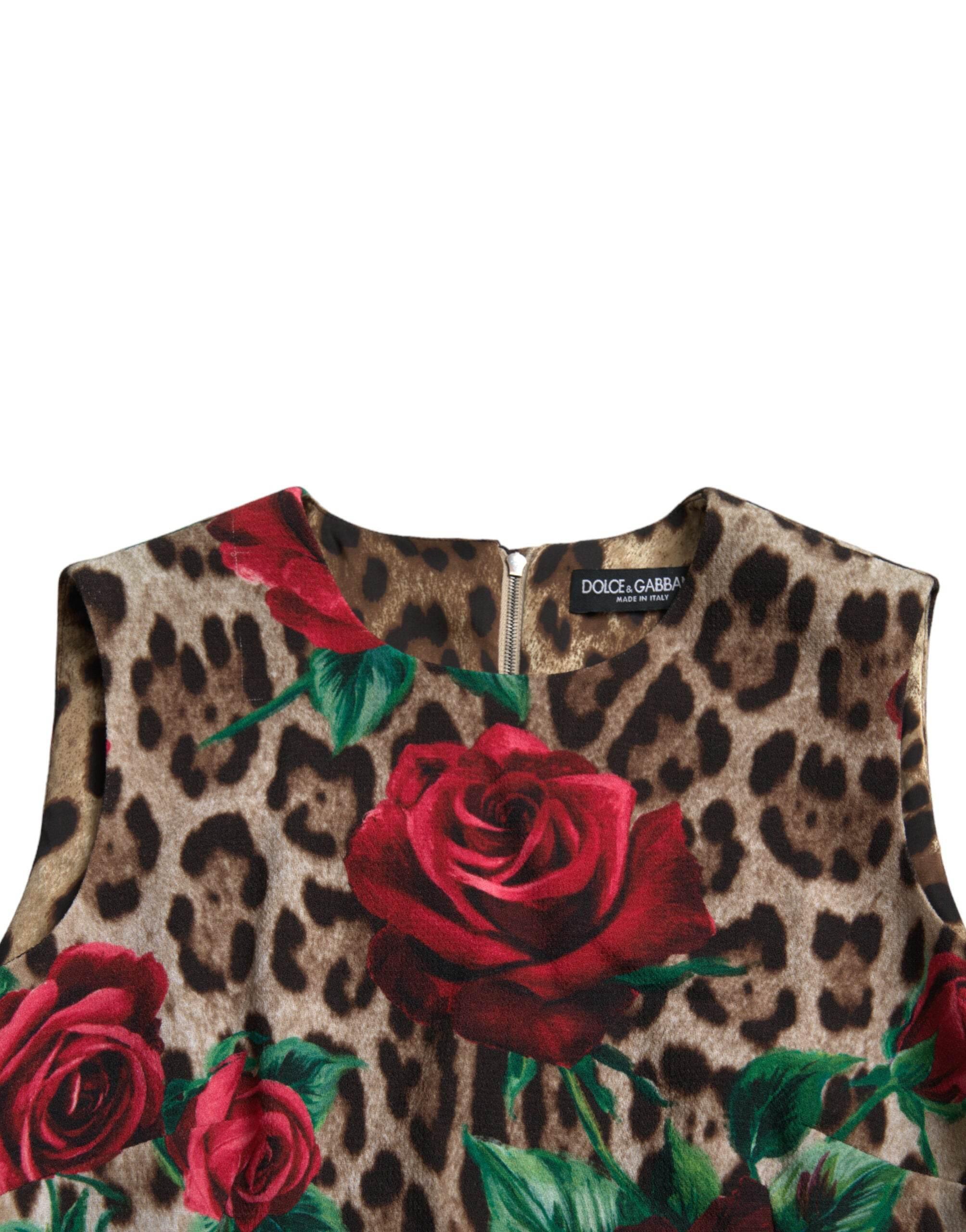 Dolce & Gabbana Brown Leopard Red Roses Wool A-line Dress - Hilstor