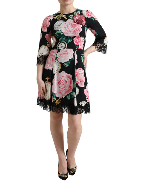 Dolce & Gabbana Black Floral Embellished Lace A-line Dress - Hilstor